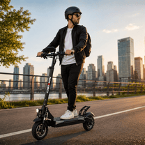 Man riding the Nanrobot T1 electric scooter in the city