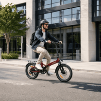 Man riding the Onemile E2 folding e-bike in the city