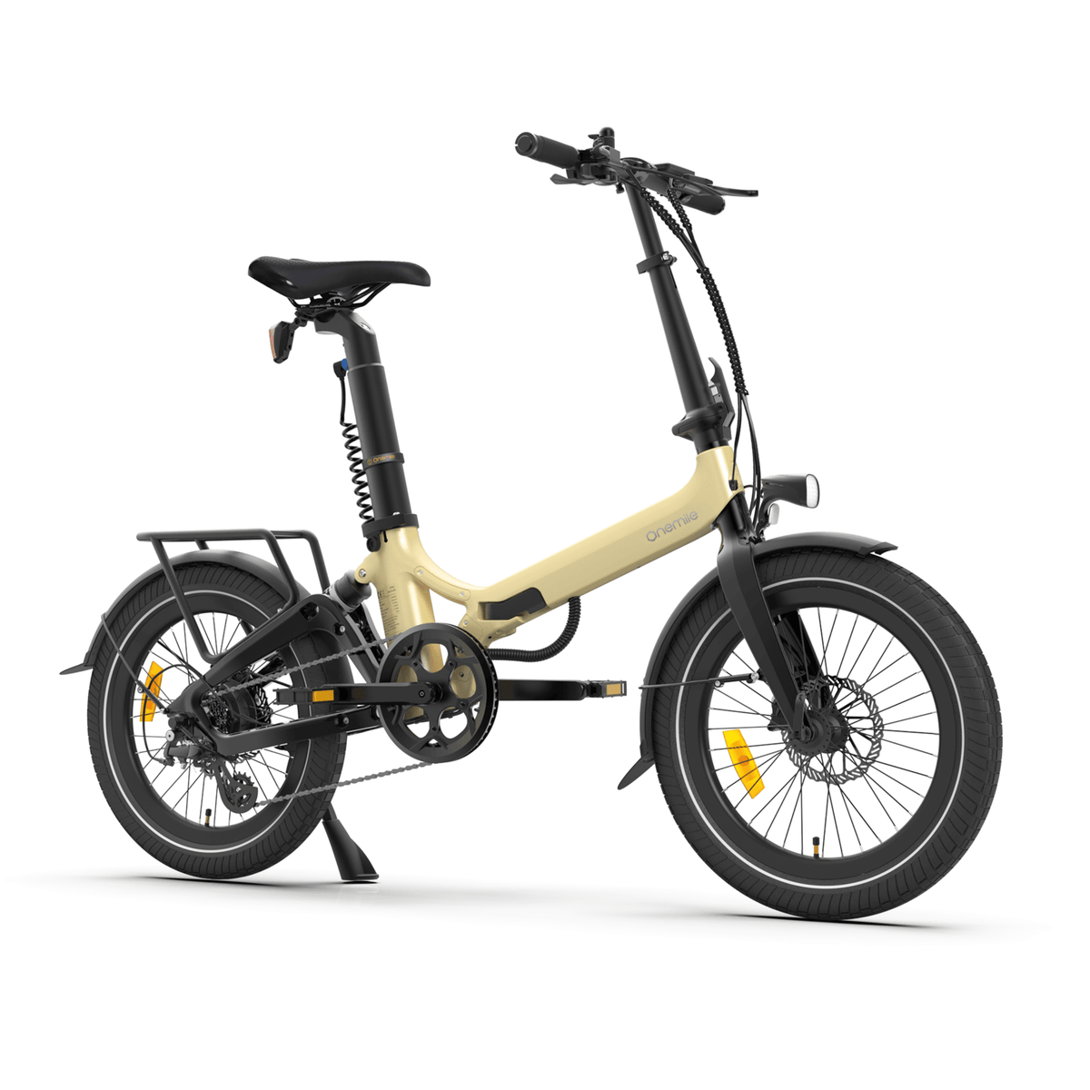Onemile E2 folding e-bike, front three-quarter view in beige