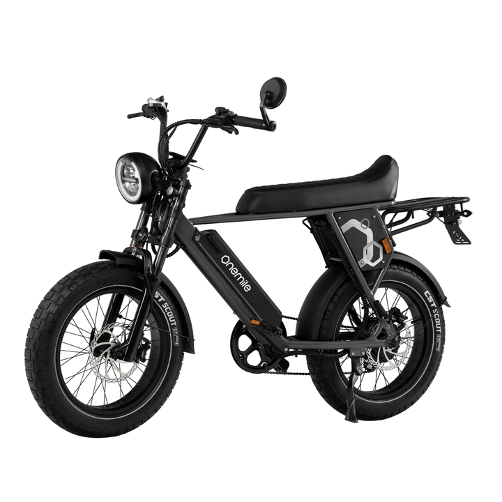 Onemile P40 Pro fat-tyre e-bike, front three-quarter view in black