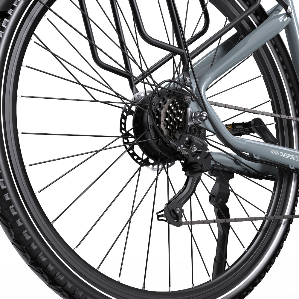 OneSport OT05 Pro rear wheel in light blue from a low angle