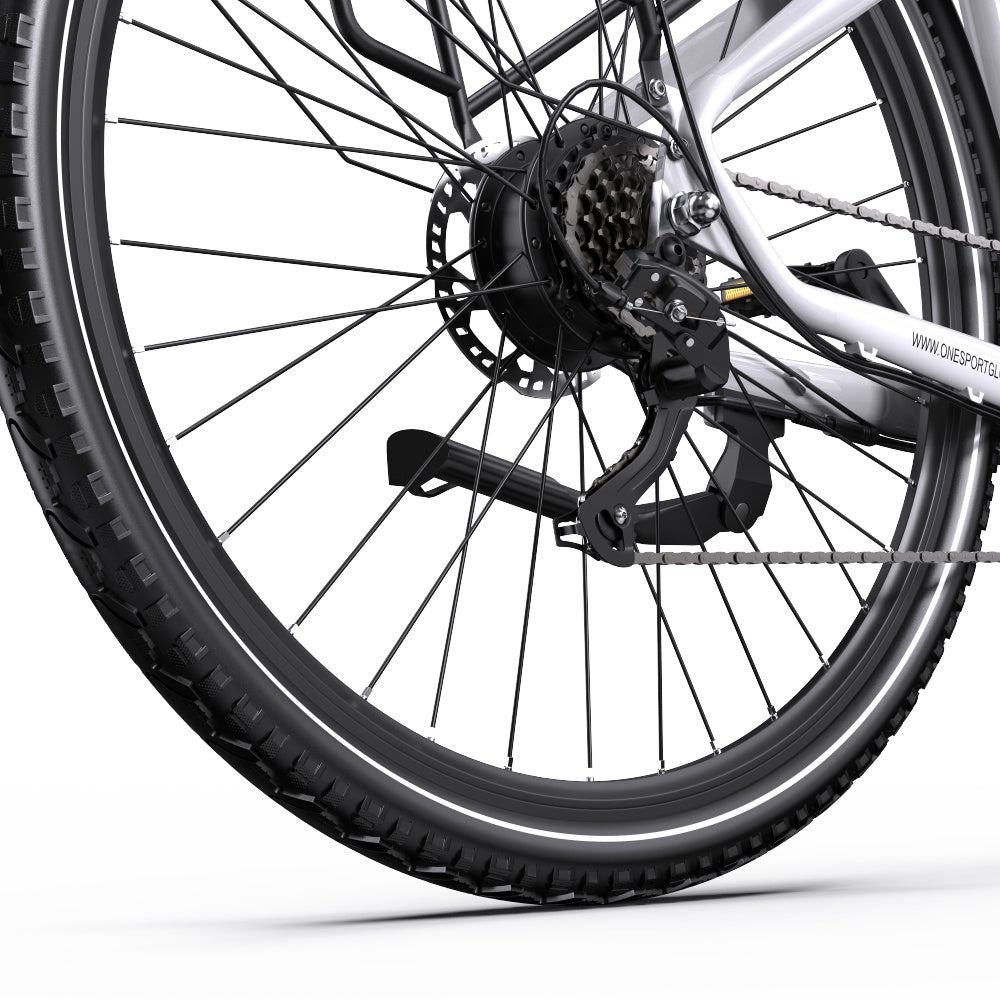 OneSport OT05 Pro rear wheel in white from a low angle