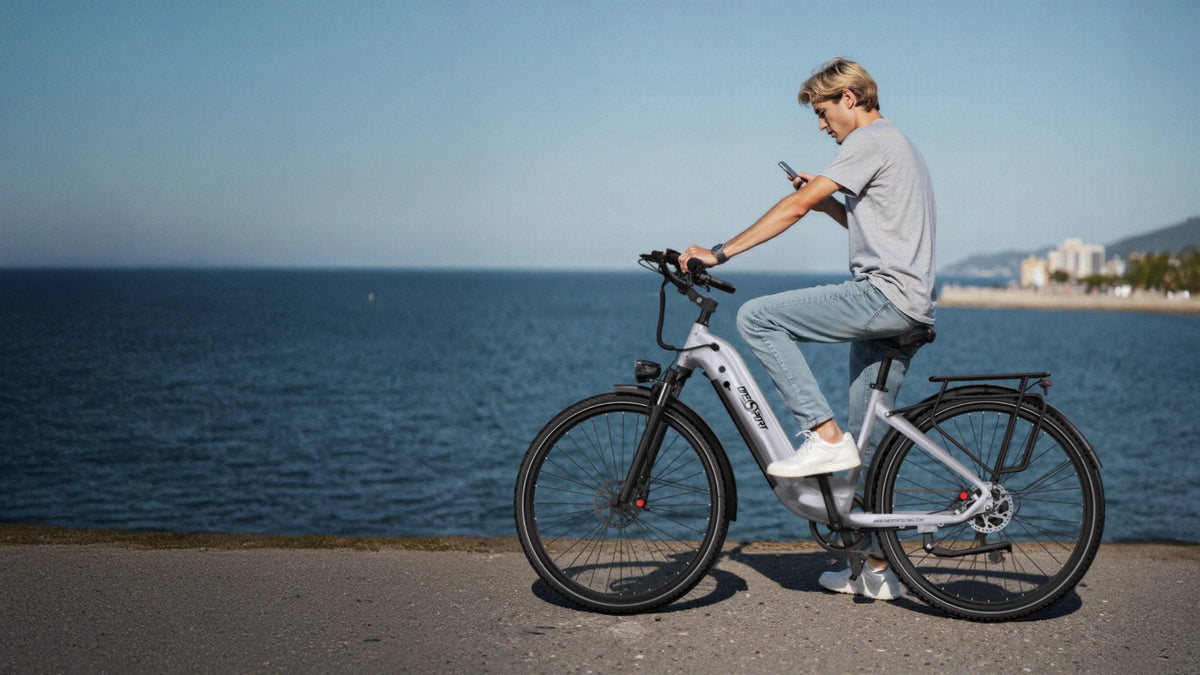 Person riding the OneSport OT05 Pro e-bike wearing a helmet by the sea in light blue