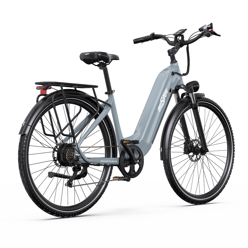 OneSport OT05 Pro e-bike, rear three-quarter view in light blue