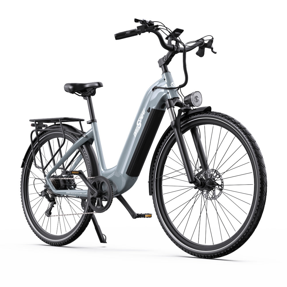 OneSport OT05 Pro e-bike, front three-quarter view from the opposite side in light blue