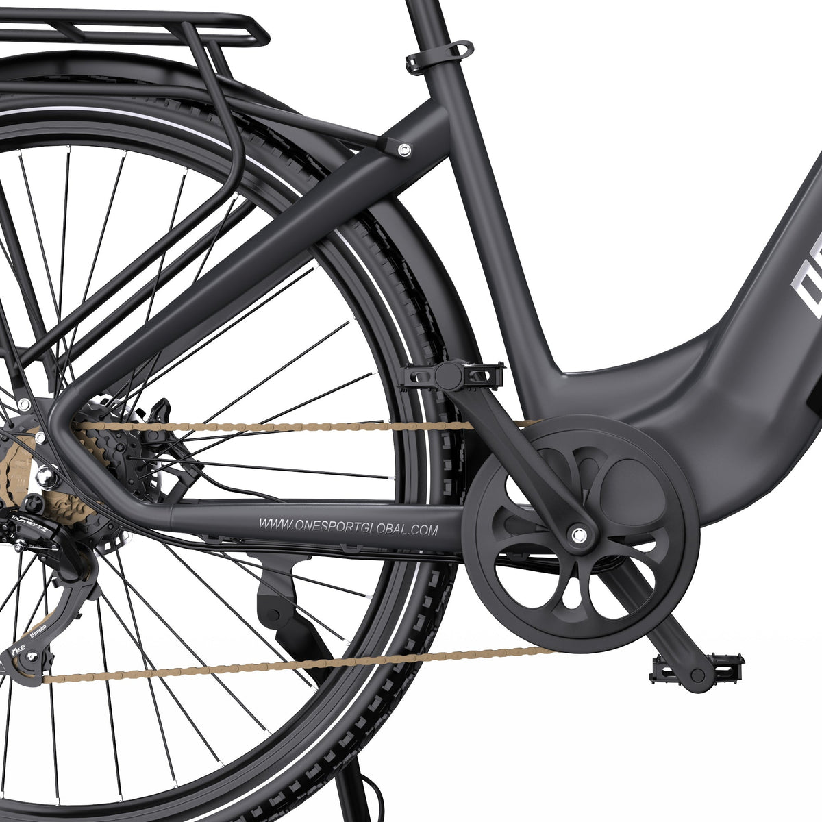 OneSport OT05 Pro gears and chain seen from the side in black