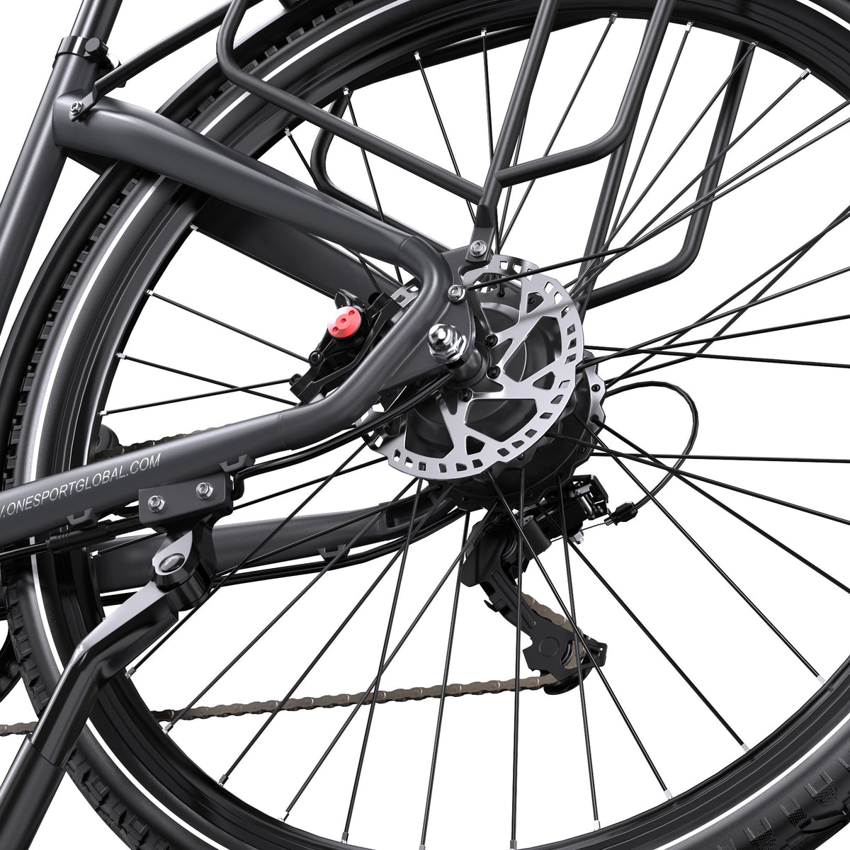 OneSport OT05 Pro rear wheel in black from a low angle