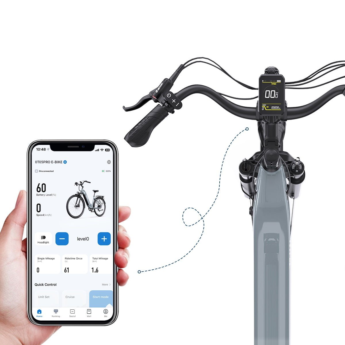 Smartphone app for the OneSport OT05 Pro e-bike in light blue