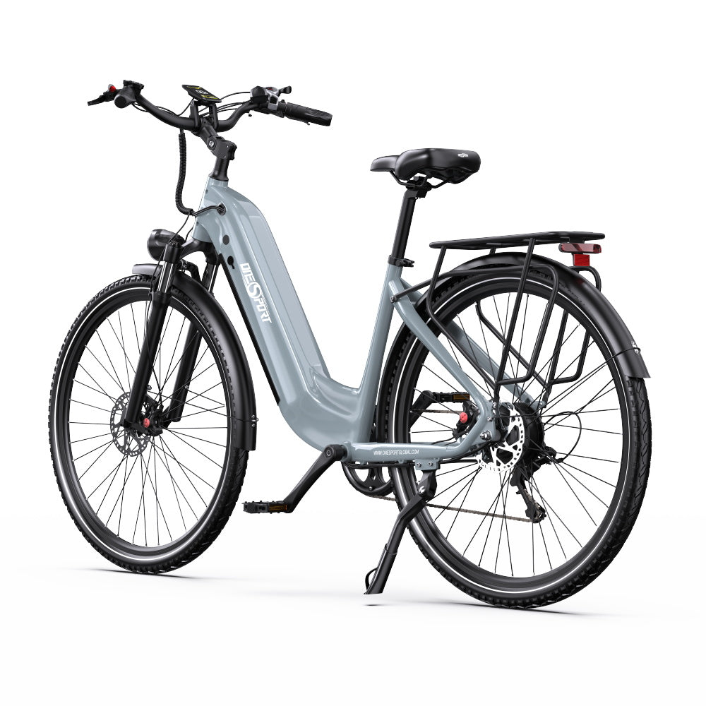 OneSport OT05 Pro e-bike seen from the front in light blue