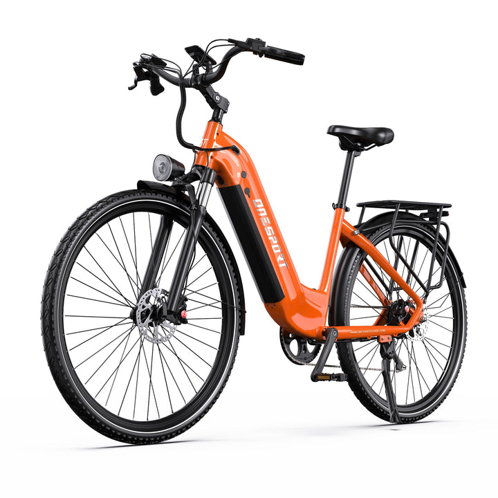 OneSport OT05 Pro e-bike, front three-quarter view from the opposite side in orange