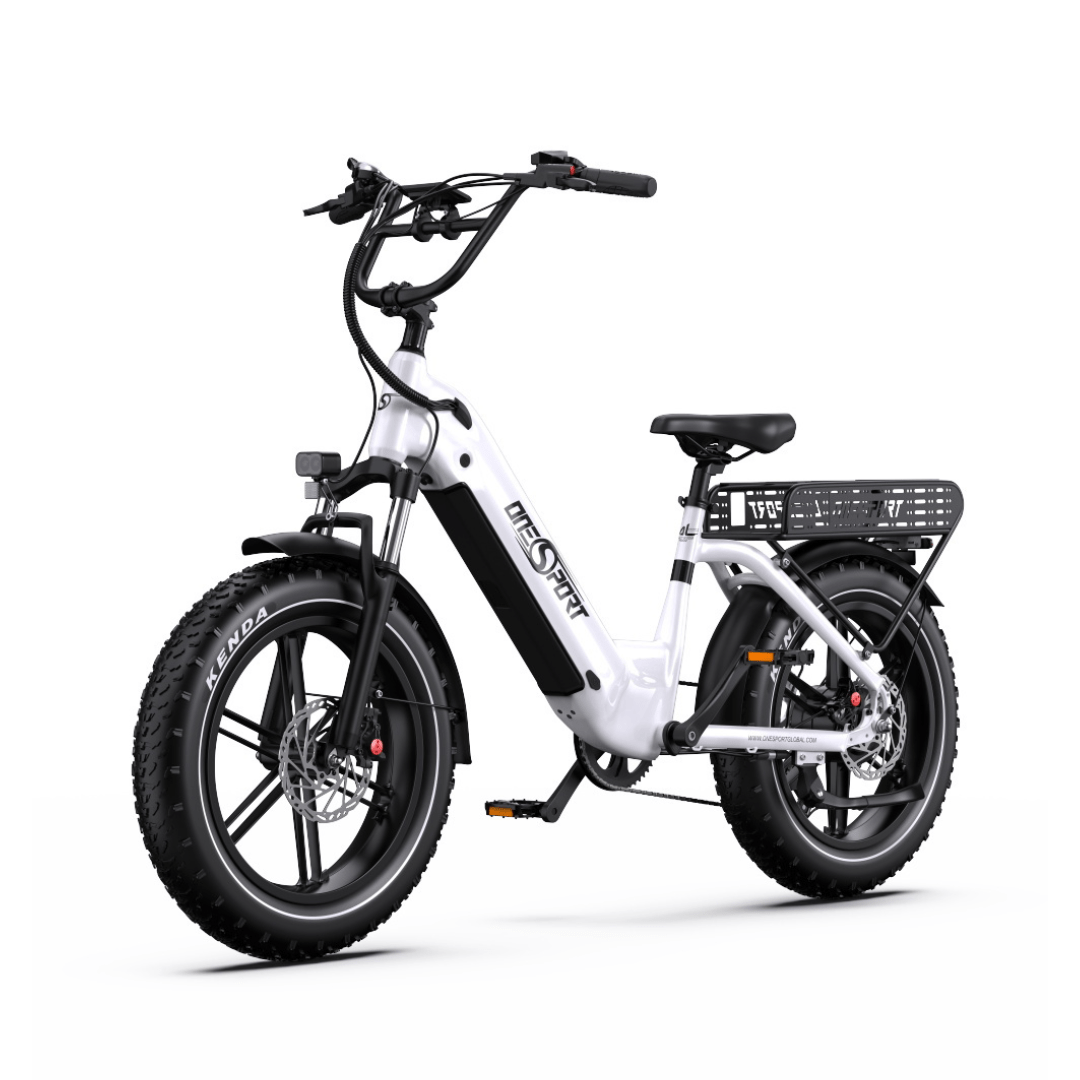 OneSport OT08 fat-tyre e-bike, front three-quarter view in white