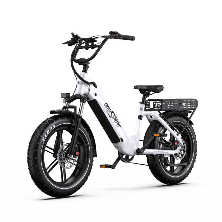 OneSport OT08 fat-tyre e-bike, front three-quarter view in white