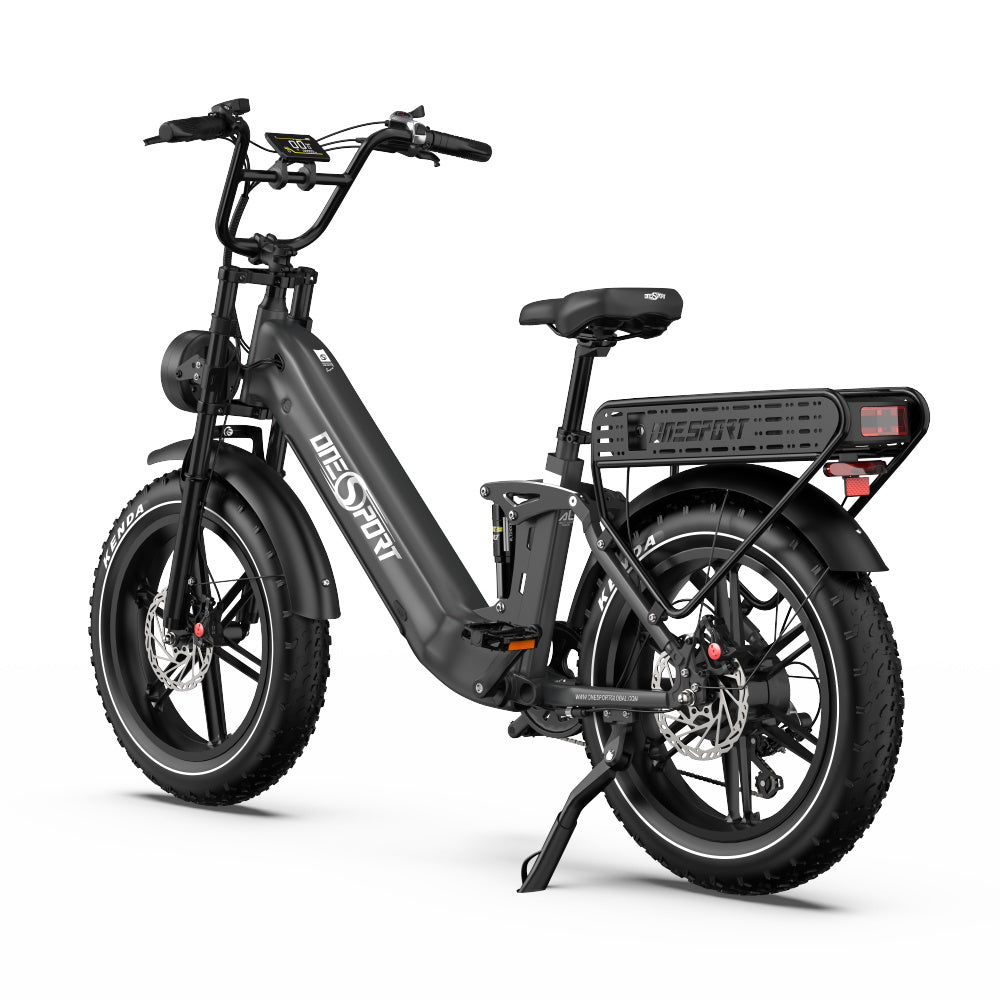 OneSport OT08 Pro fat-tyre e-bike, front three-quarter view in grey on the kickstand