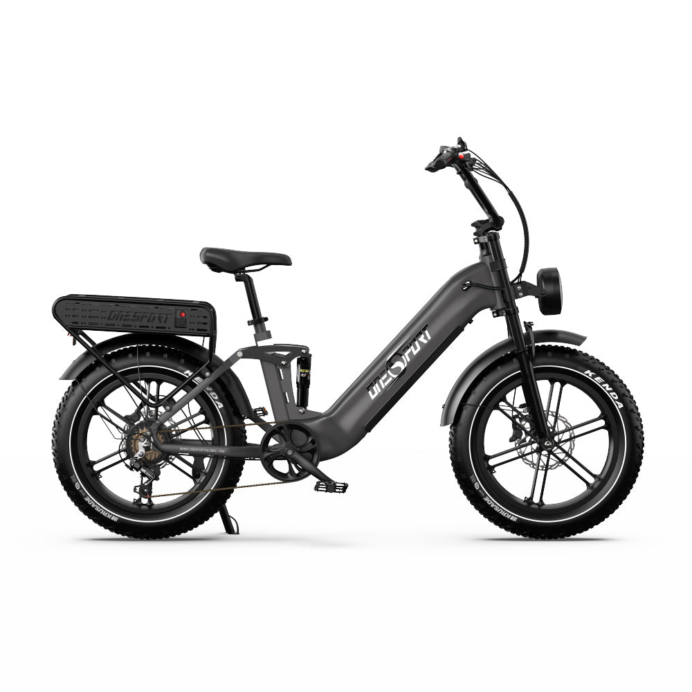 OneSport OT08 Pro fat-tyre e-bike seen from the other side in grey