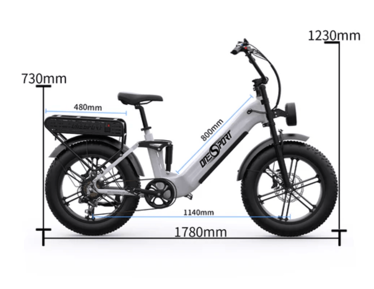 Dimension drawing of the OneSport OT08 Pro fat-tyre e-bike in white