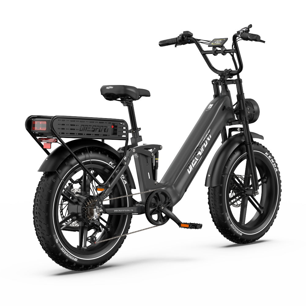 OneSport OT08 Pro fat-tyre e-bike, rear three-quarter view in grey