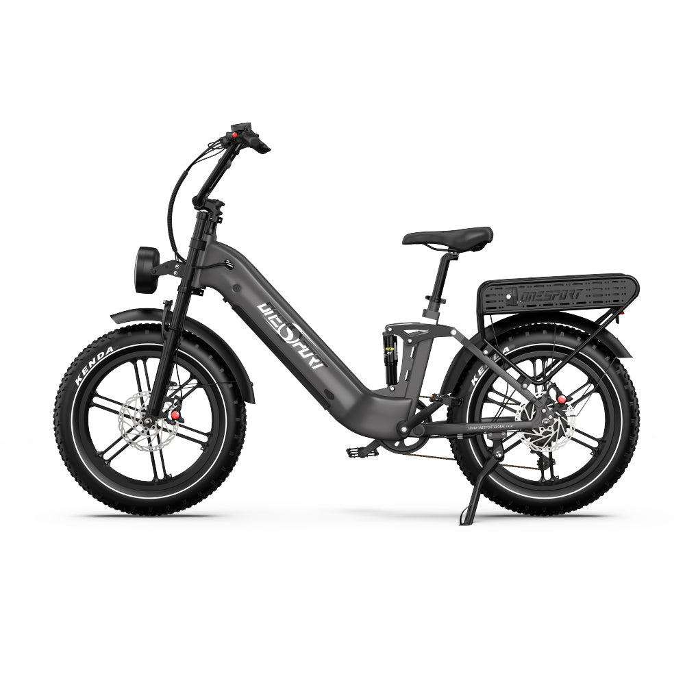 OneSport OT08 Pro fat-tyre e-bike seen from the side in grey