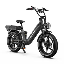 OneSport OT08 Pro fat-tyre e-bike, front three-quarter view from the opposite side in grey