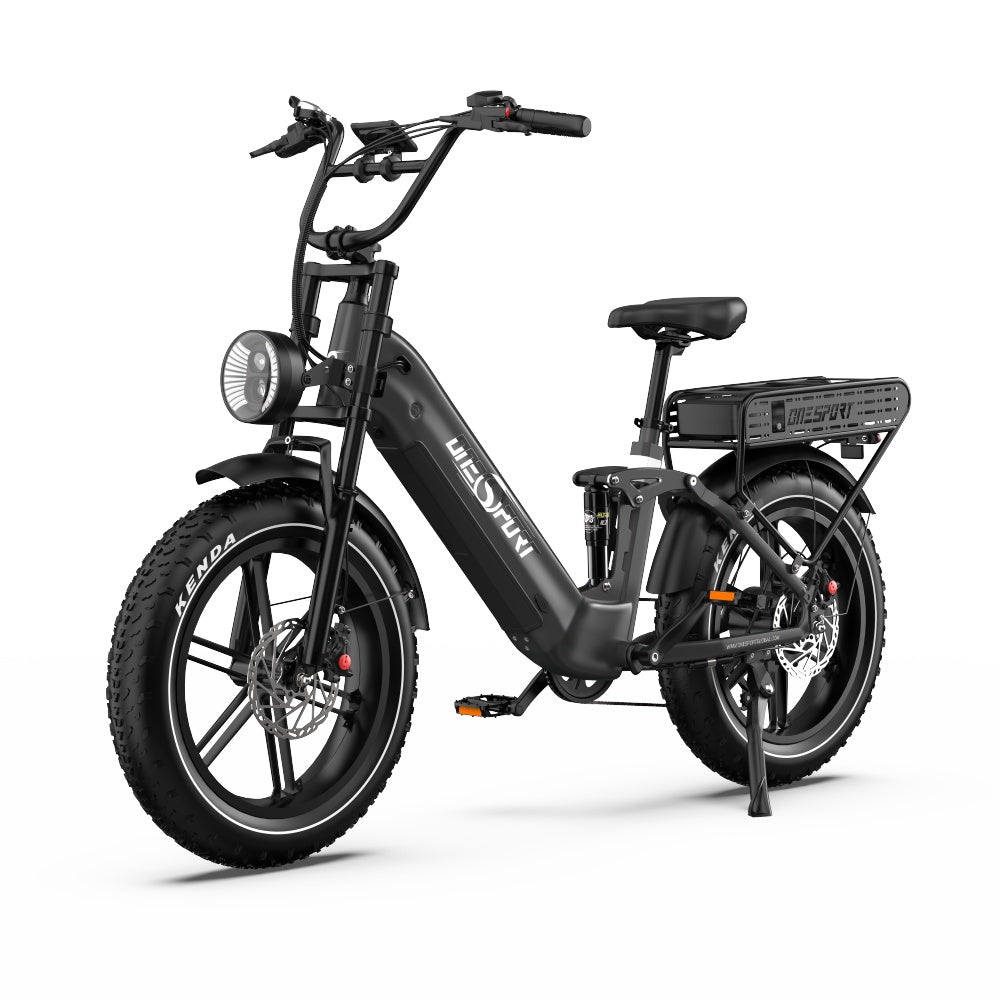 OneSport OT08 Pro fat-tyre e-bike, front three-quarter view in grey