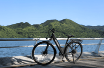 OneSport OT12 e-bike, front three-quarter view in black by the sea
