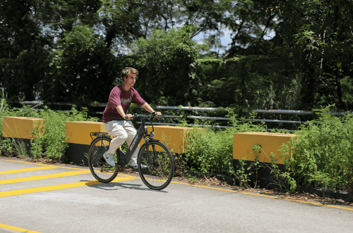 Person riding the OneSport OT12 e-bike in black in a park