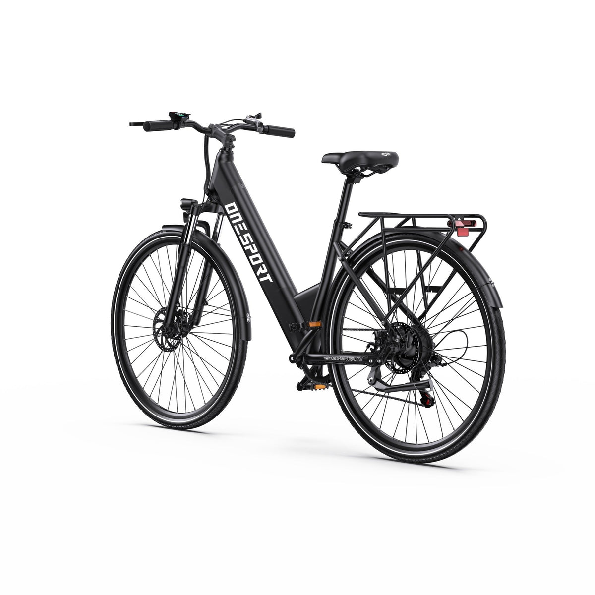 OneSport OT12 e-bike, rear three-quarter view from the opposite side in black