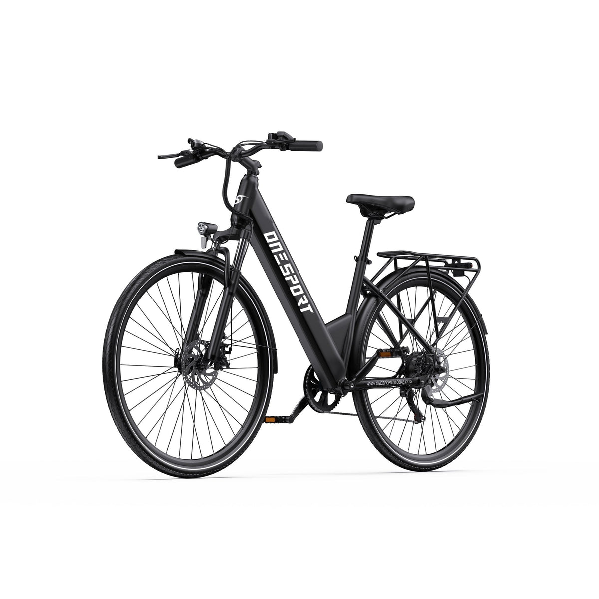 OneSport OT12 e-bike, front three-quarter view in black