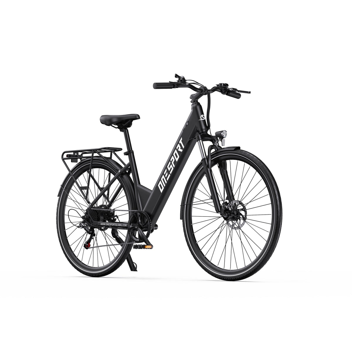OneSport OT12 e-bike, front three-quarter view in black