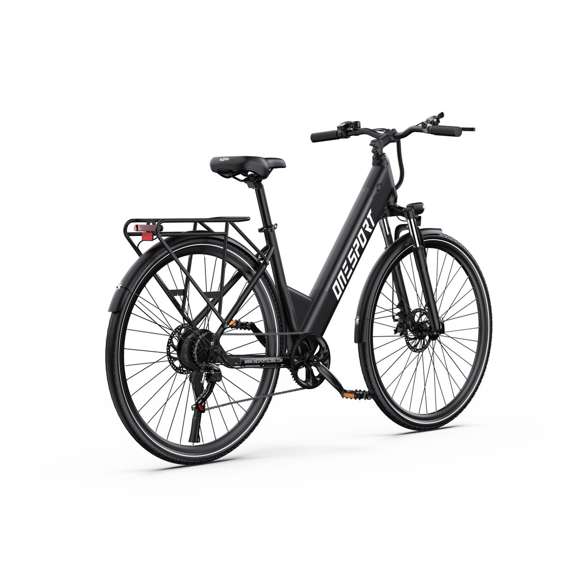 OneSport OT12 e-bike, rear three-quarter view in black