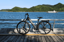 OneSport OT12 e-bike seen from the side in black parked by the sea