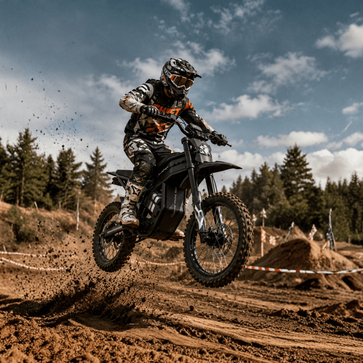 Rider taking the Ridingtimes GT54 Pro electric dirt bike off-road on sandy ground