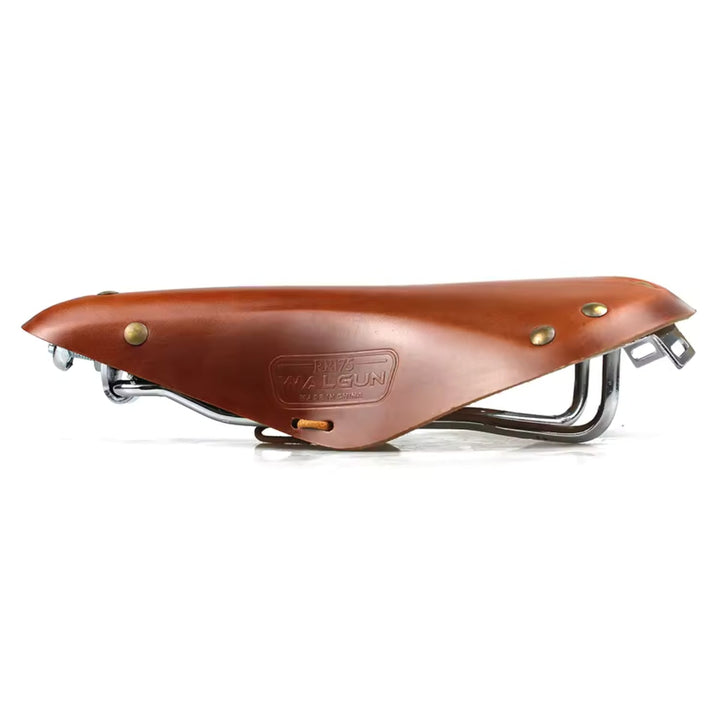 E-bike saddle Leather Edition in brown, side view
