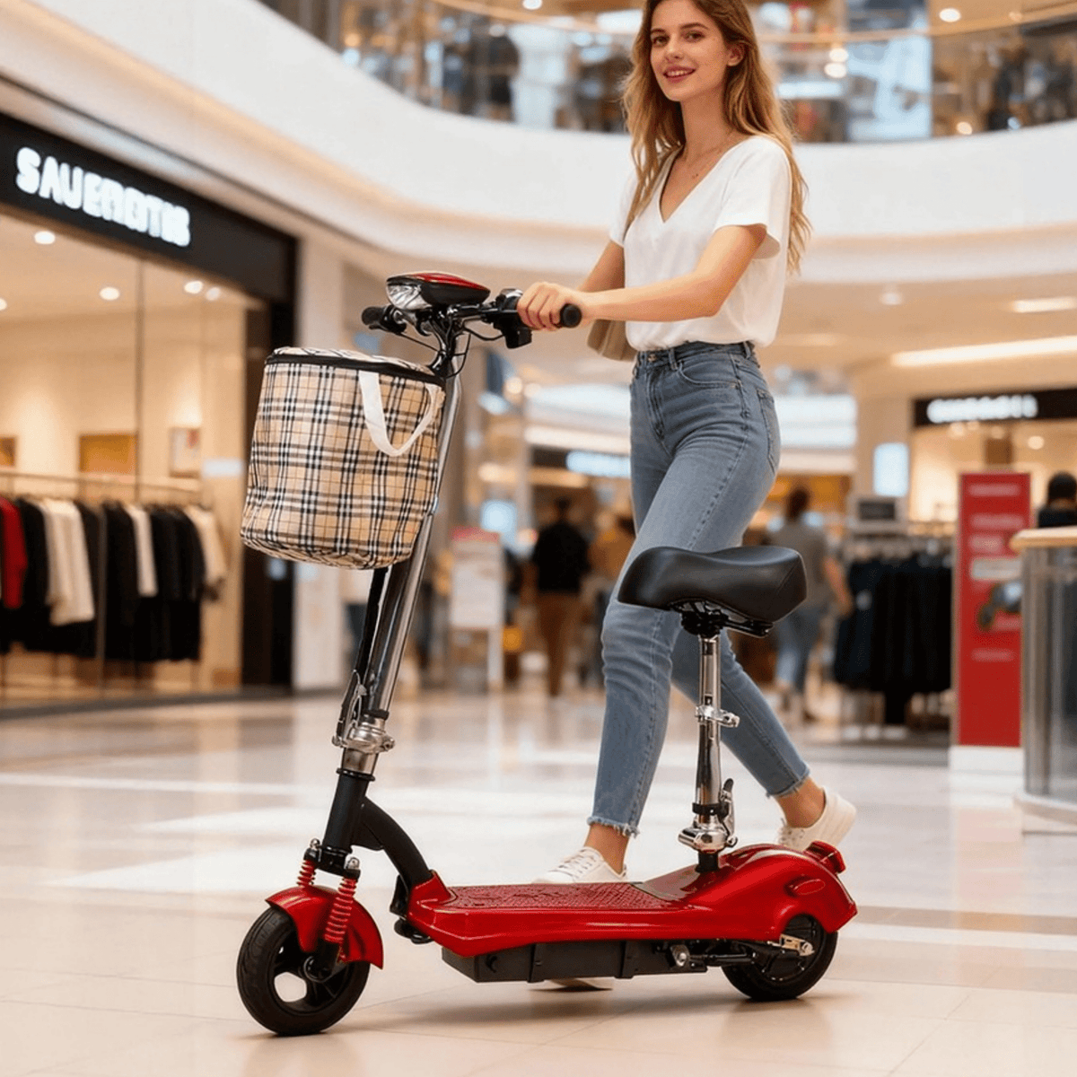 Woman riding the SEEDREAM M5 electric scooter in a shopping centre