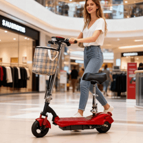 Woman riding the SEEDREAM M5 electric scooter in a shopping centre