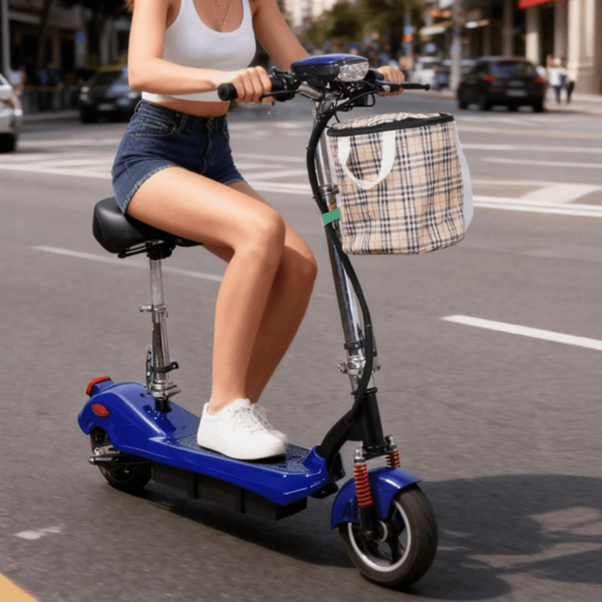 Woman riding the SEEDREAM M5 electric scooter in the city