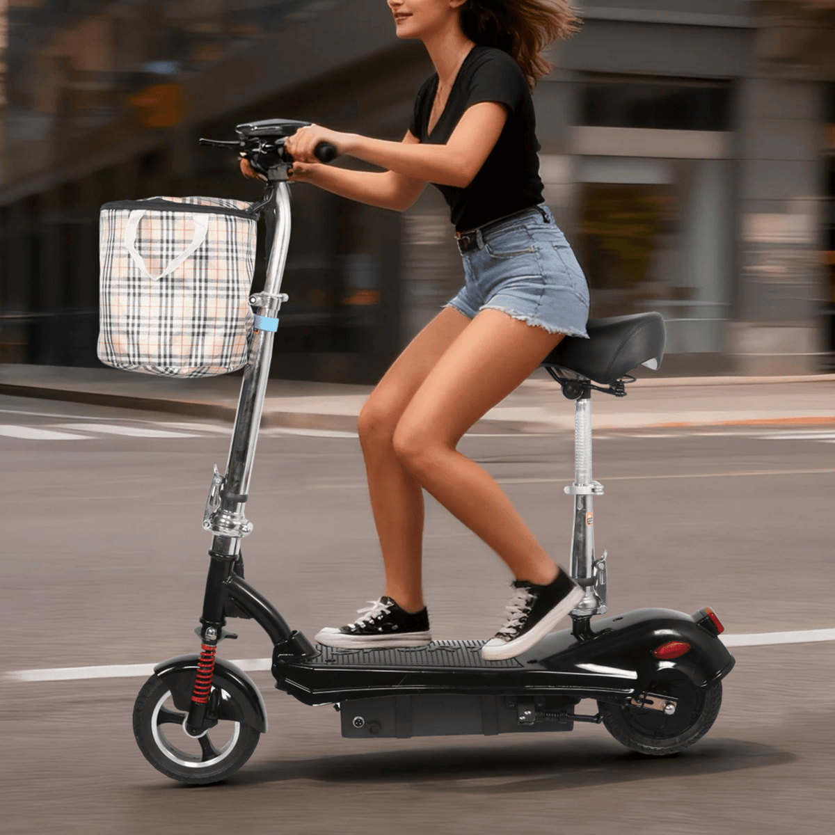 Woman riding the SEEDREAM M5 electric scooter