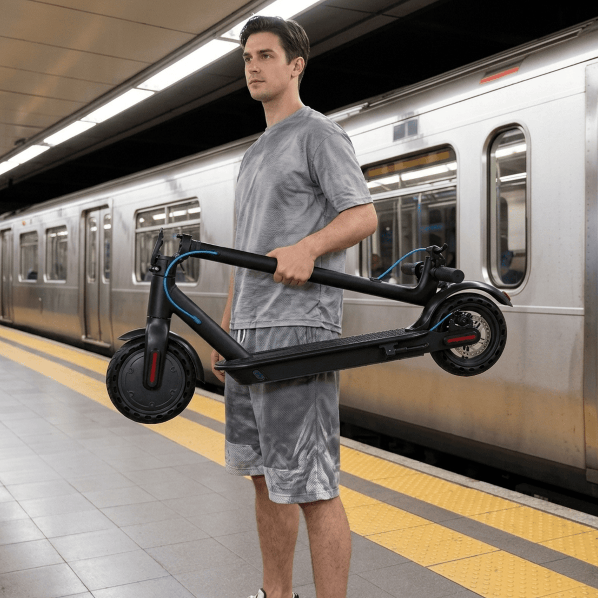 Person carrying the folded SEEDREAM RED WING MINI electric scooter