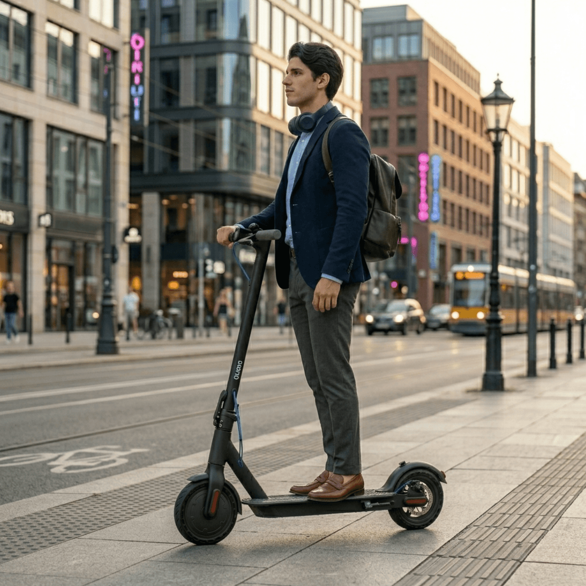 Man standing with the SEEDREAM RED WING MINI electric scooter in the city