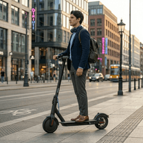 Man standing with the SEEDREAM RED WING MINI electric scooter in the city