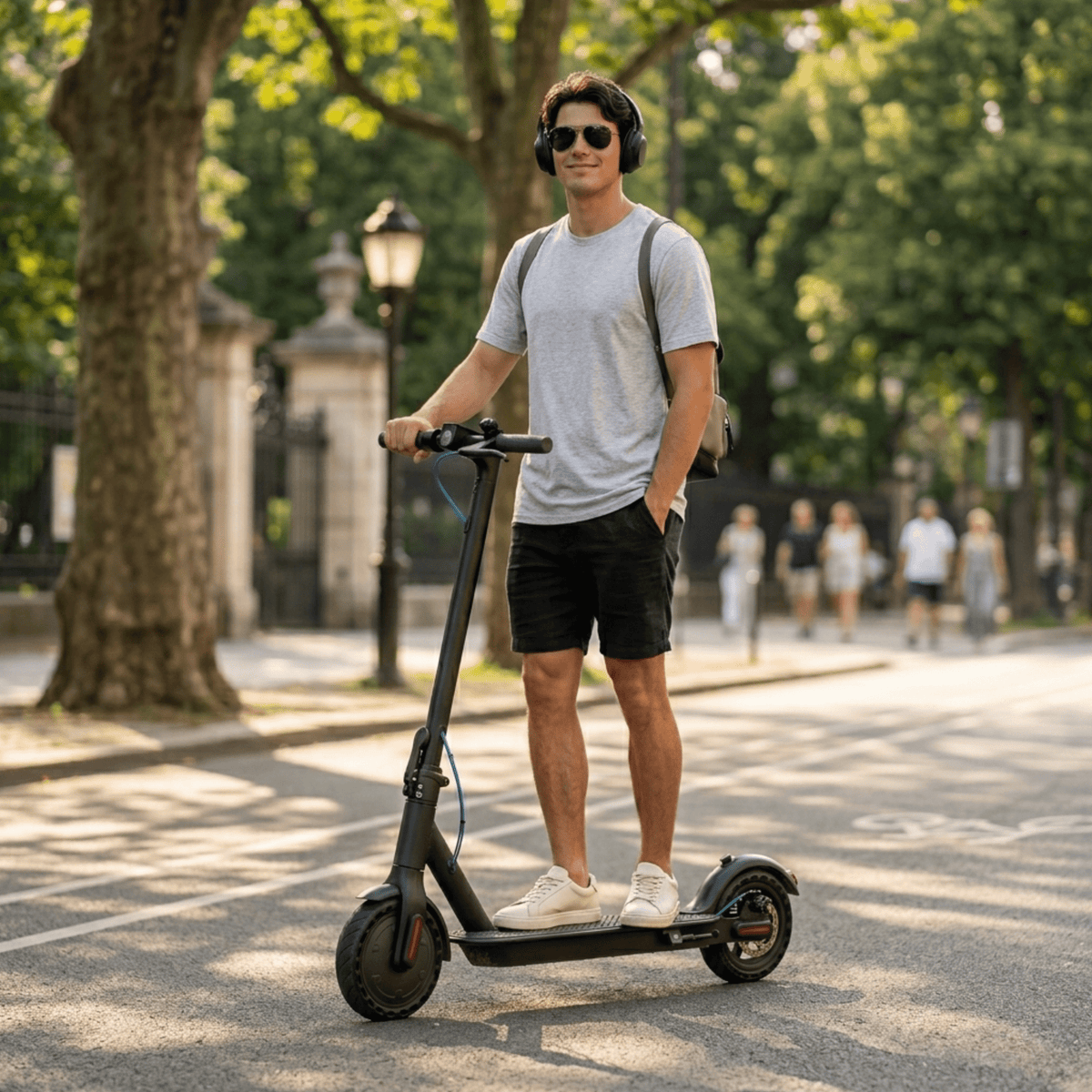 Man standing with the SEEDREAM RED WING MINI electric scooter in a park