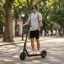 Man standing with the SEEDREAM RED WING MINI electric scooter in a park