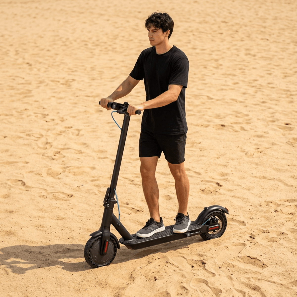 Man standing with the SEEDREAM RED WING MINI electric scooter on sandy ground
