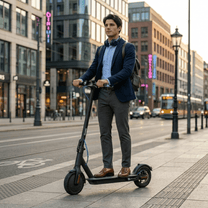 Man standing with the SEEDREAM RED WING MINI electric scooter in the city