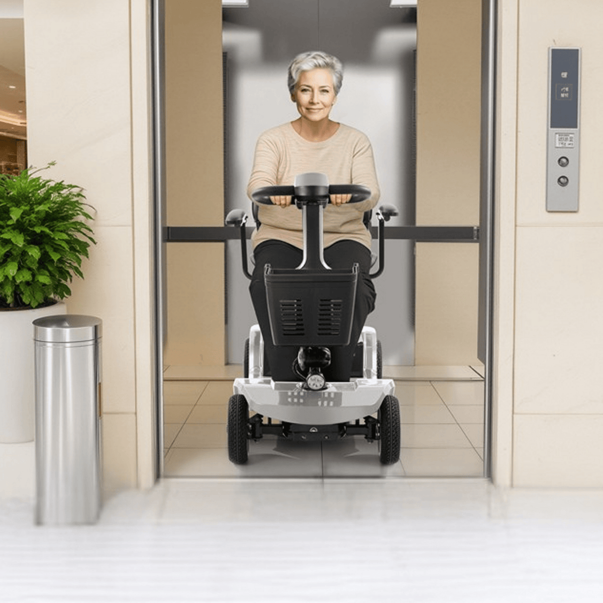Older woman sitting in the SEEDREAM S-02 mobility scooter indoors