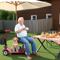 Person sitting next to the SEEDREAM S-02 mobility scooter in a garden