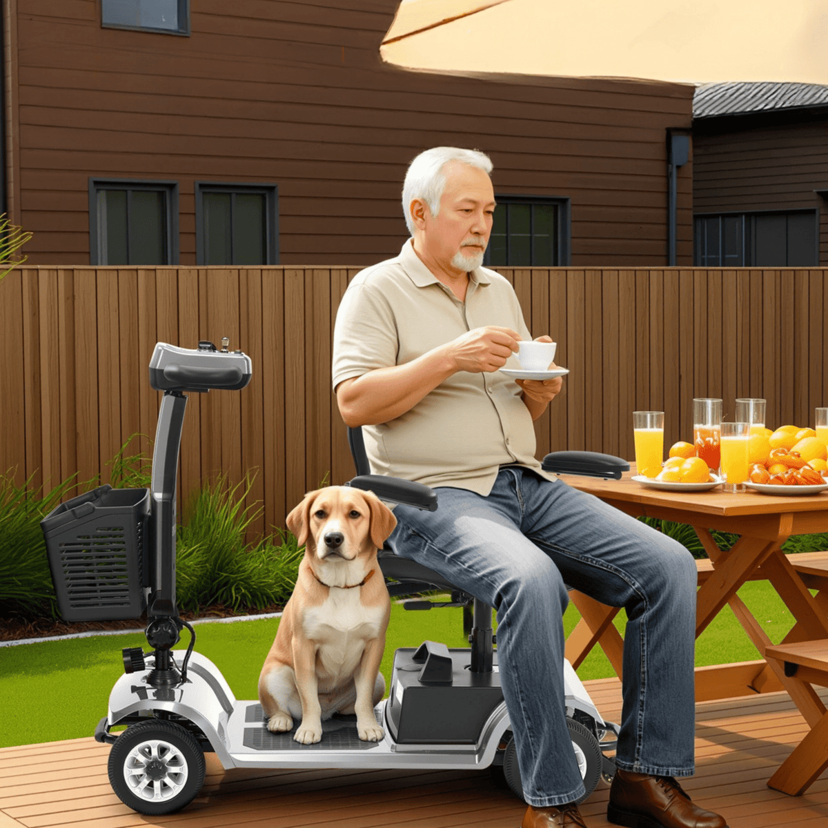 Older man sitting in the SEEDREAM S-02 mobility scooter with a dog
