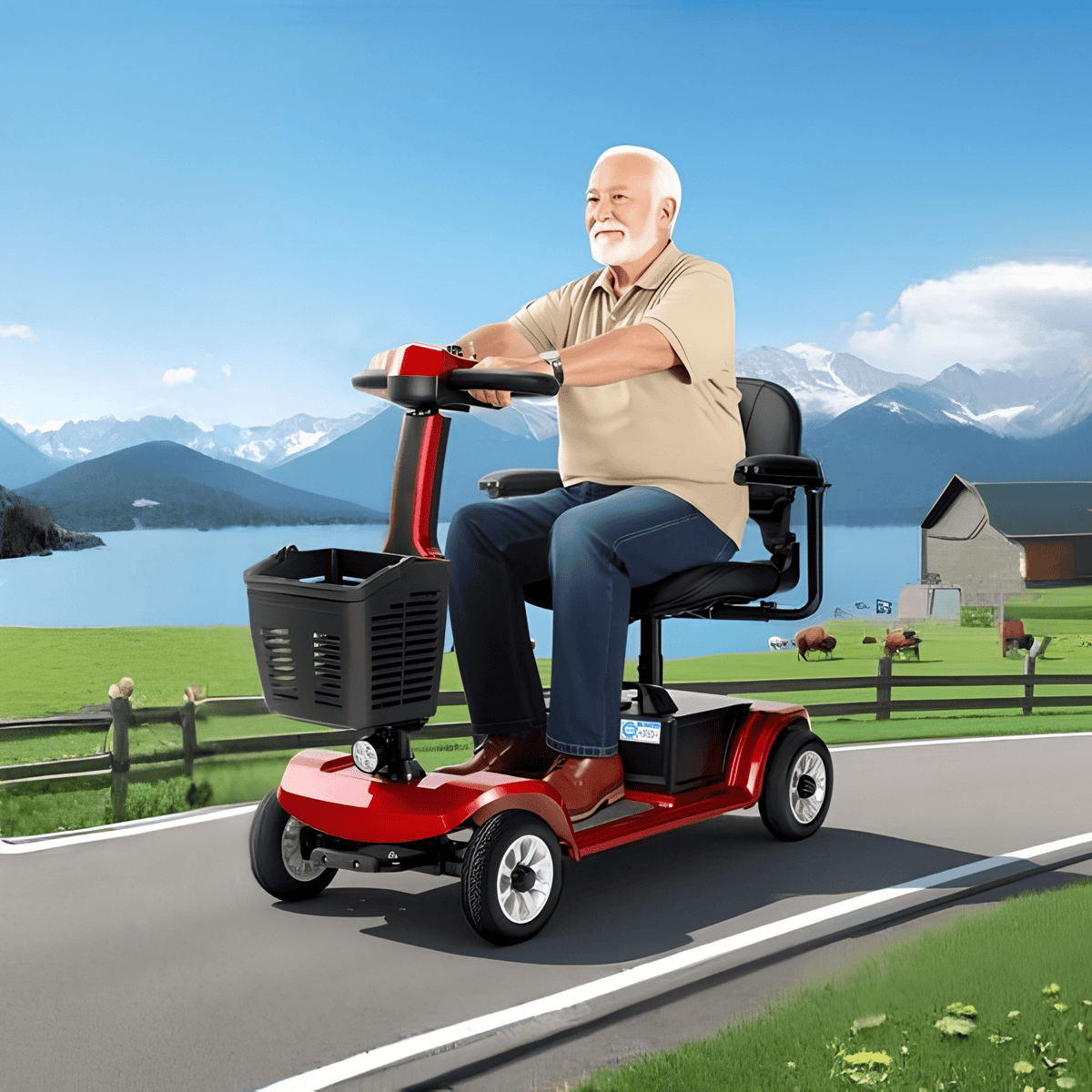 Older man sitting in the SEEDREAM S-02 mobility scooter by a lake
