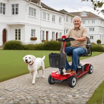 Older man sitting in the SEEDREAM S-02 mobility scooter with a dog