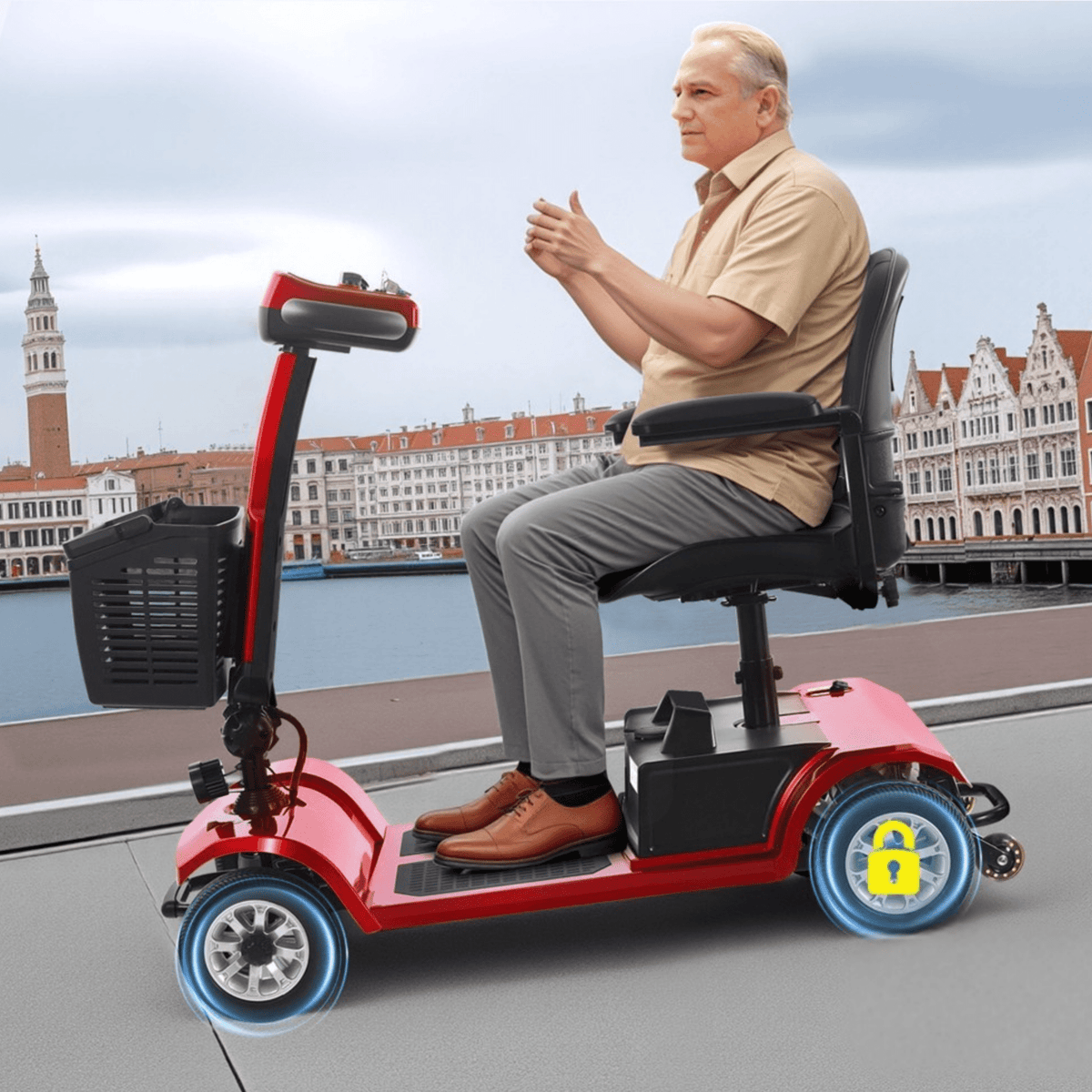 Older man sitting in the SEEDREAM S-02 mobility scooter in the city