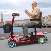 Older man sitting in the SEEDREAM S-02 mobility scooter in the city